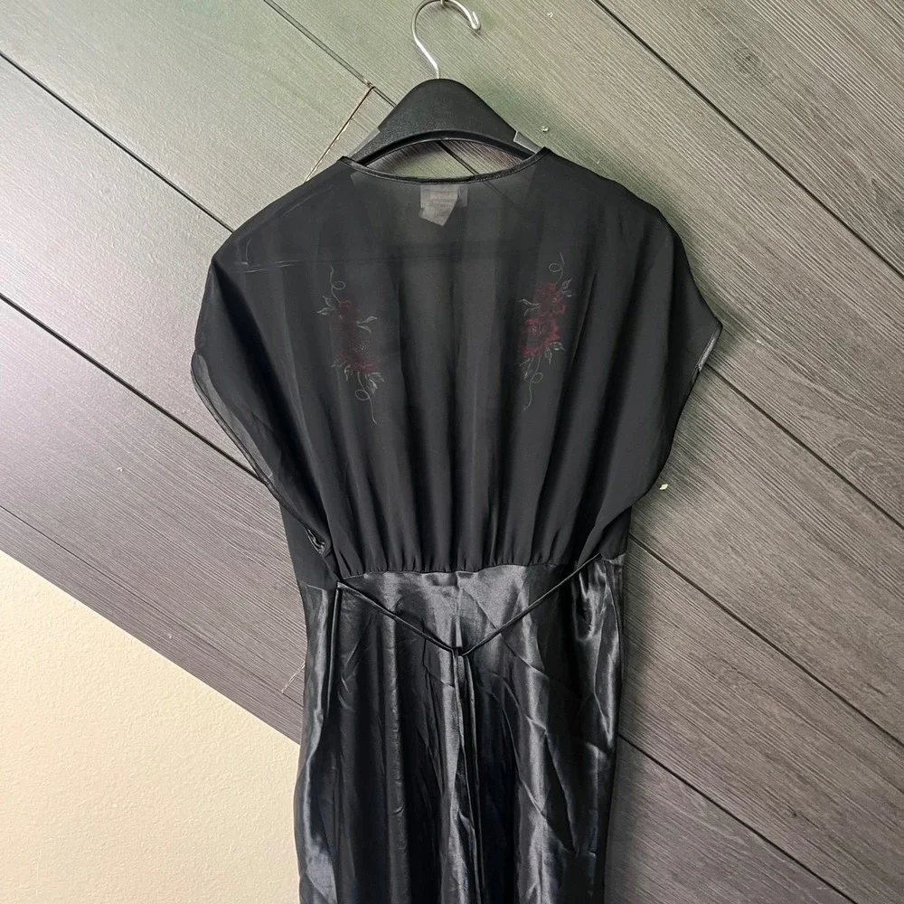 Delicates Women's Embroidered Floral Satin Sheer Babydoll Dress Large Black Y2K